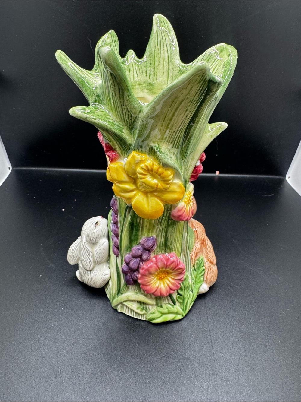 Fitz & Floyd Ceramic Bunny Garden Vase with Bright Floral Accents 6 1/2 inches - Picture 1 of 4